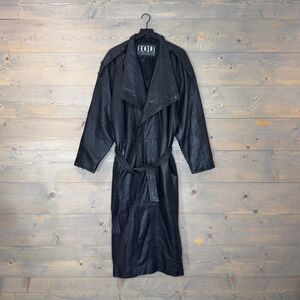 Vintage 1980s IOU Long Black Leather Over Coat Women's Large